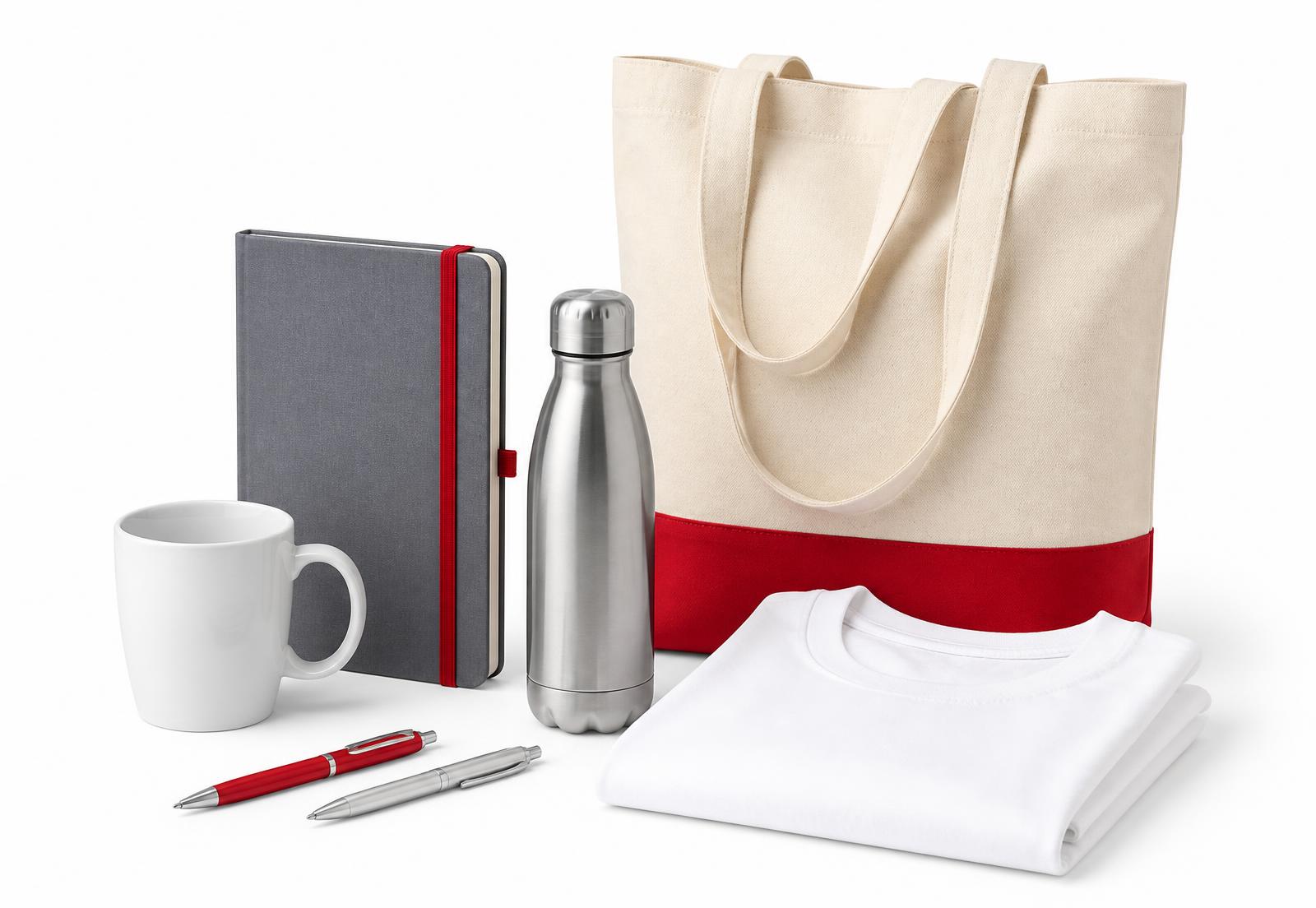 Branded promotional products: mug, notebook, pens, steel bottle, tote bag and t-shirt